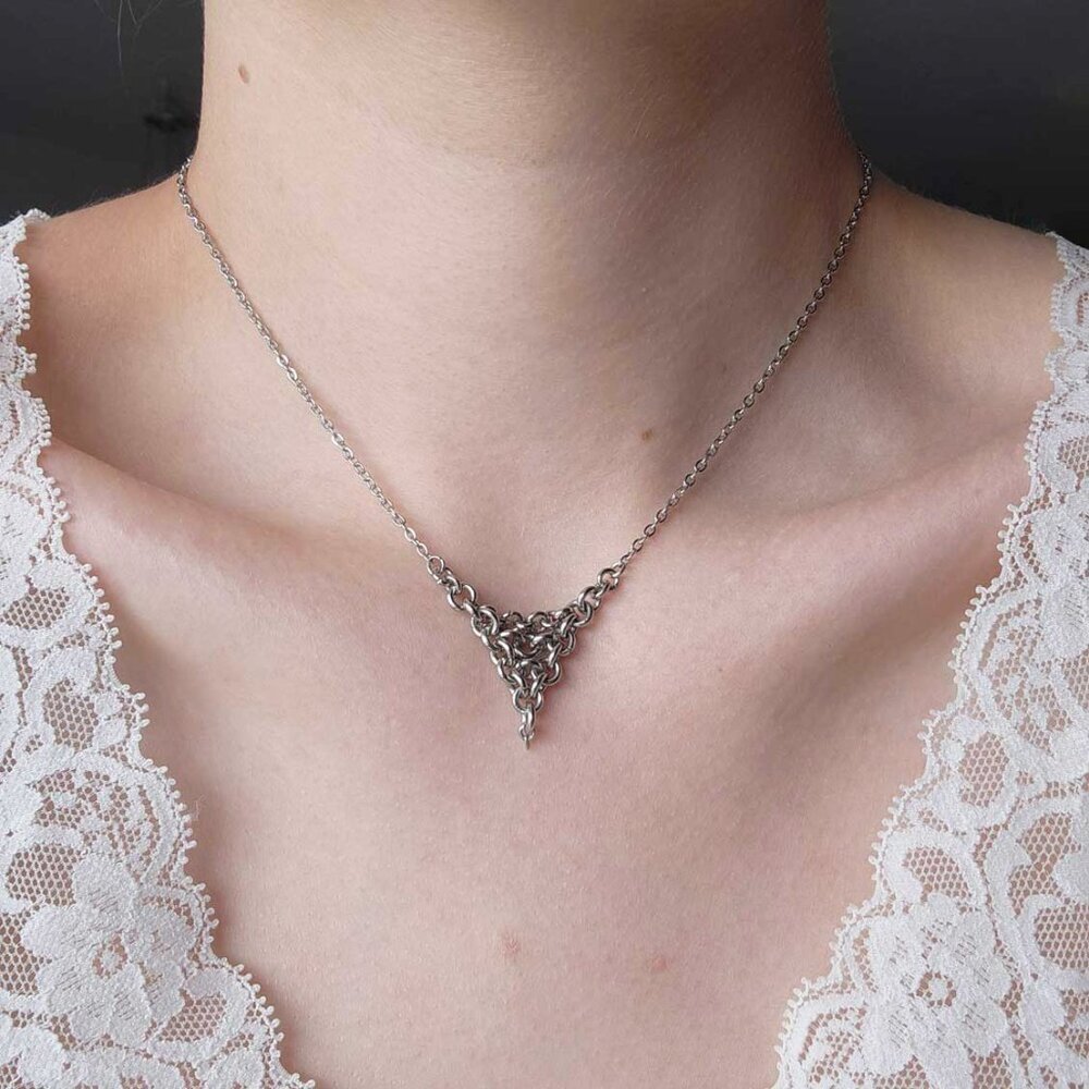 V-shaped chain mail necklace with a small silver chain